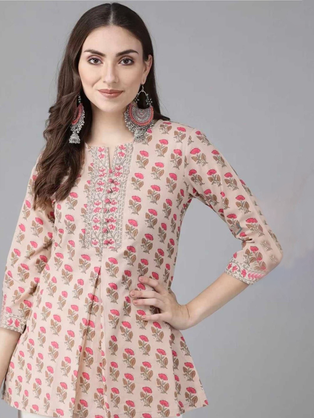 

SITA FASHION HUB Women Ethnic Motifs Printed Pure Cotton A-Line Kurti, Pink