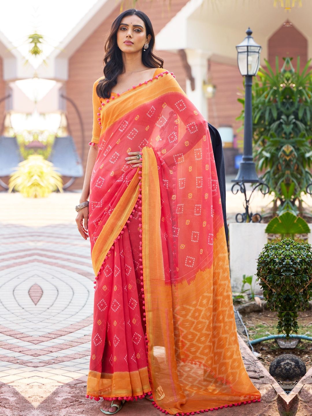 

CHUDIYA Batik Zari Pure Cotton Block Print Saree, Orange