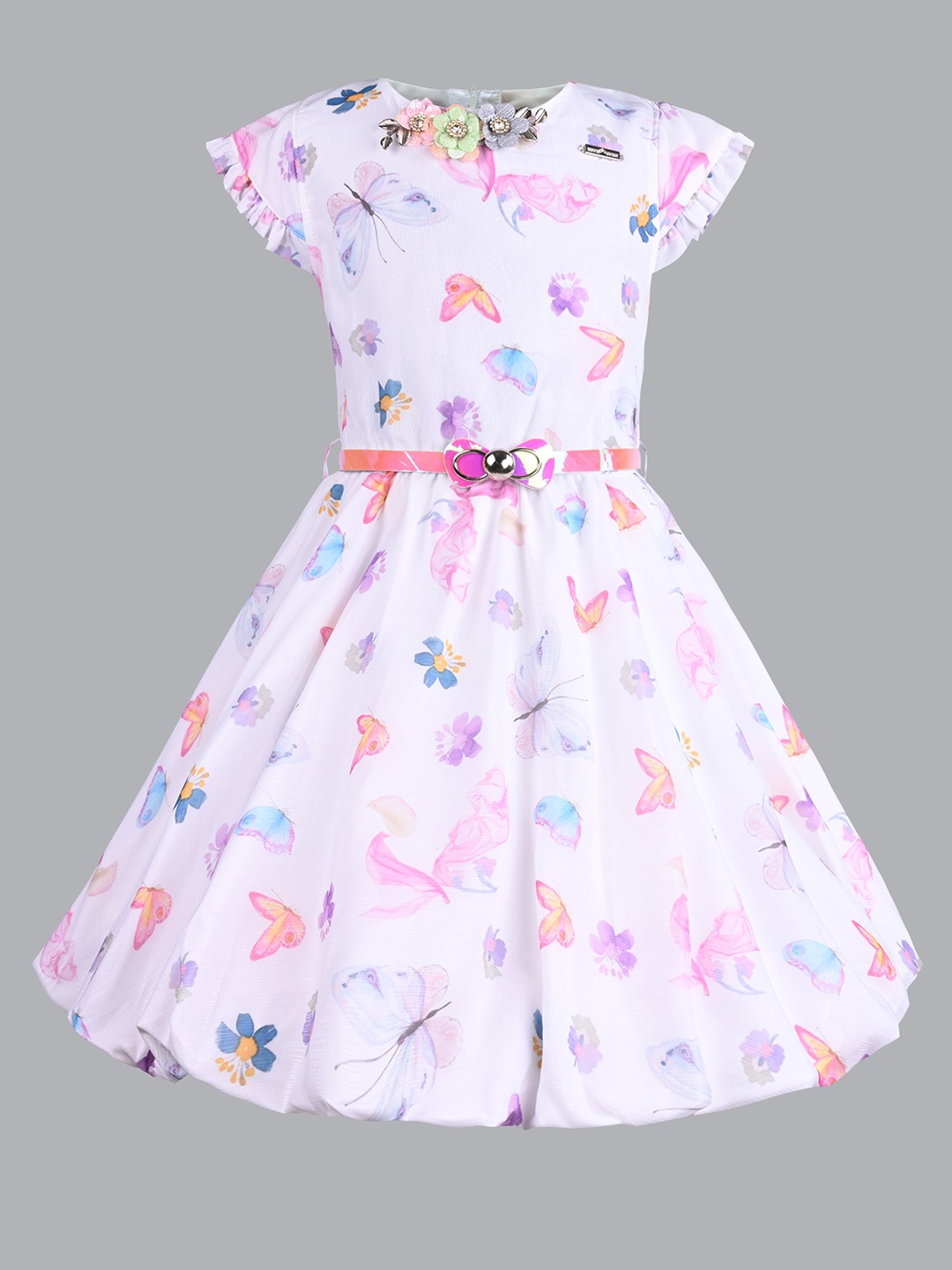 

Wish Karo Girls Print Puff Sleeve Chiffon Fit & Flare Dress, White