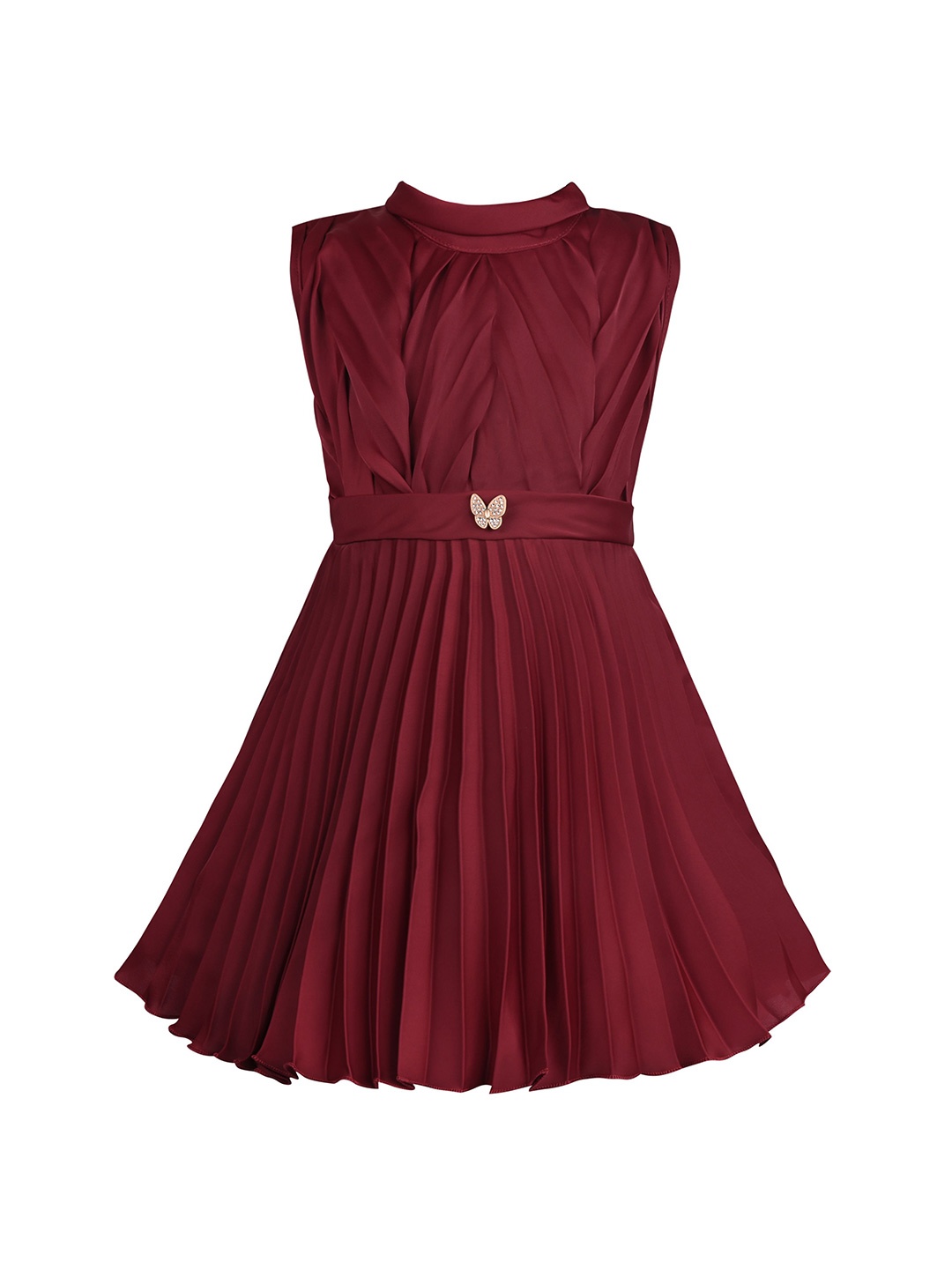 

Wish Karo Girls Satin Mock Neck Sleeveless Accordion Pleats Fit & Flare Dress, Maroon