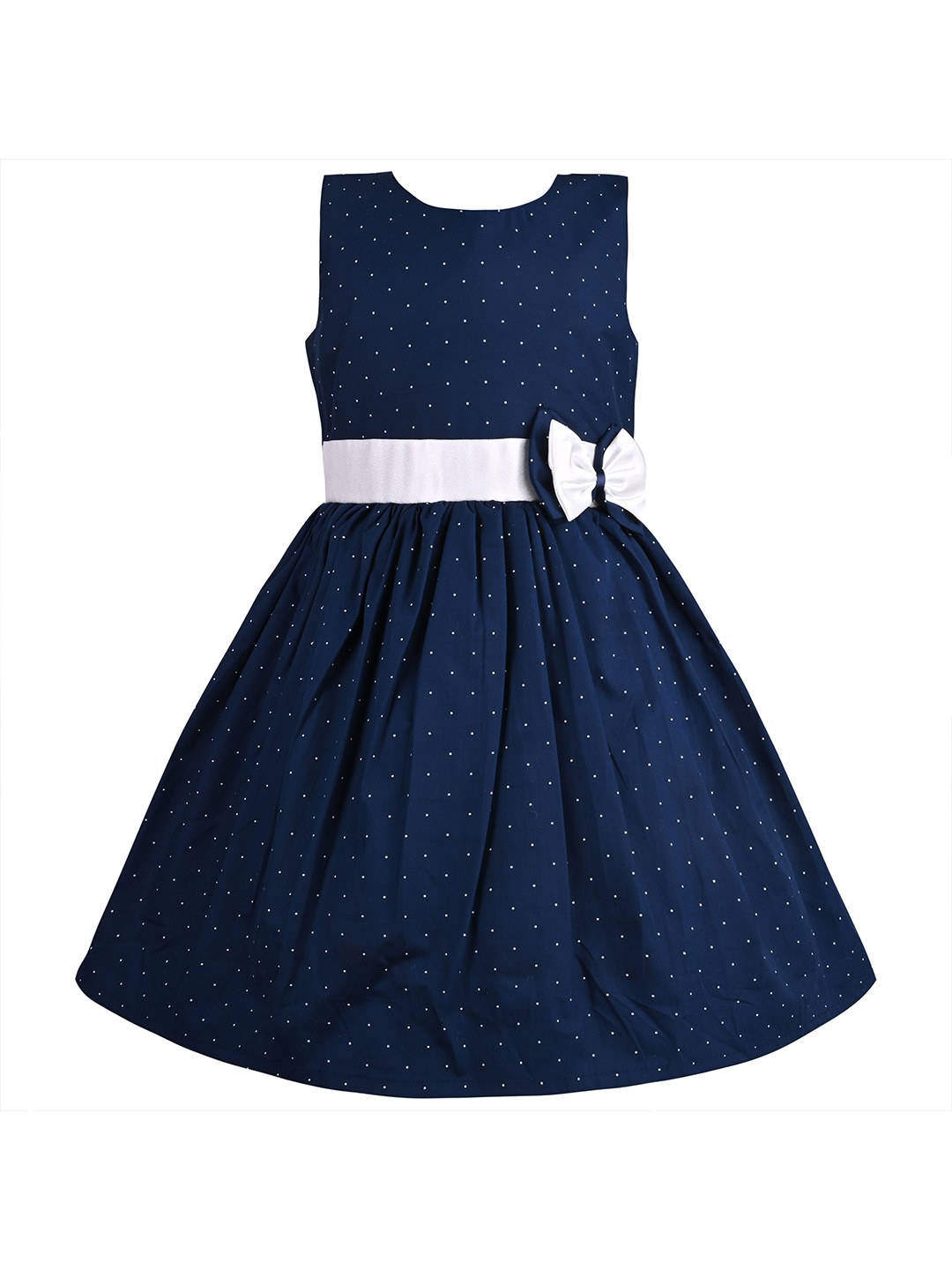 

Wish Karo Girls Polka Dots Printed Cotton Fit & Flare Dress, Navy blue