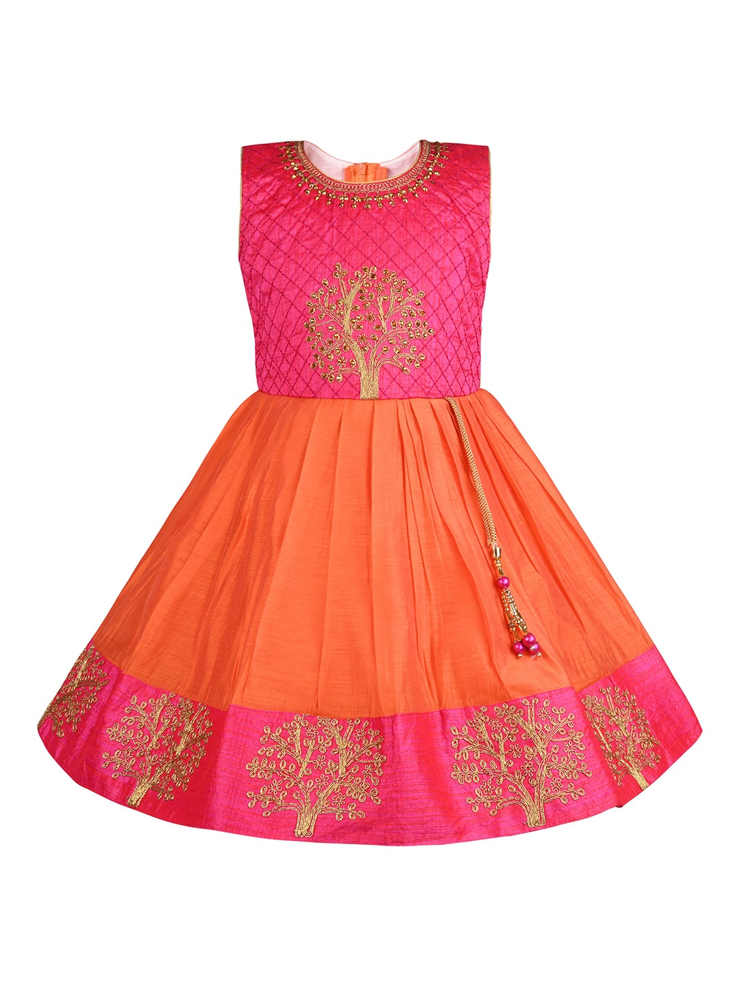 

Wish Karo Girls Floral Embroidered Cotton Fit & Flare Knee Length Dress, Orange