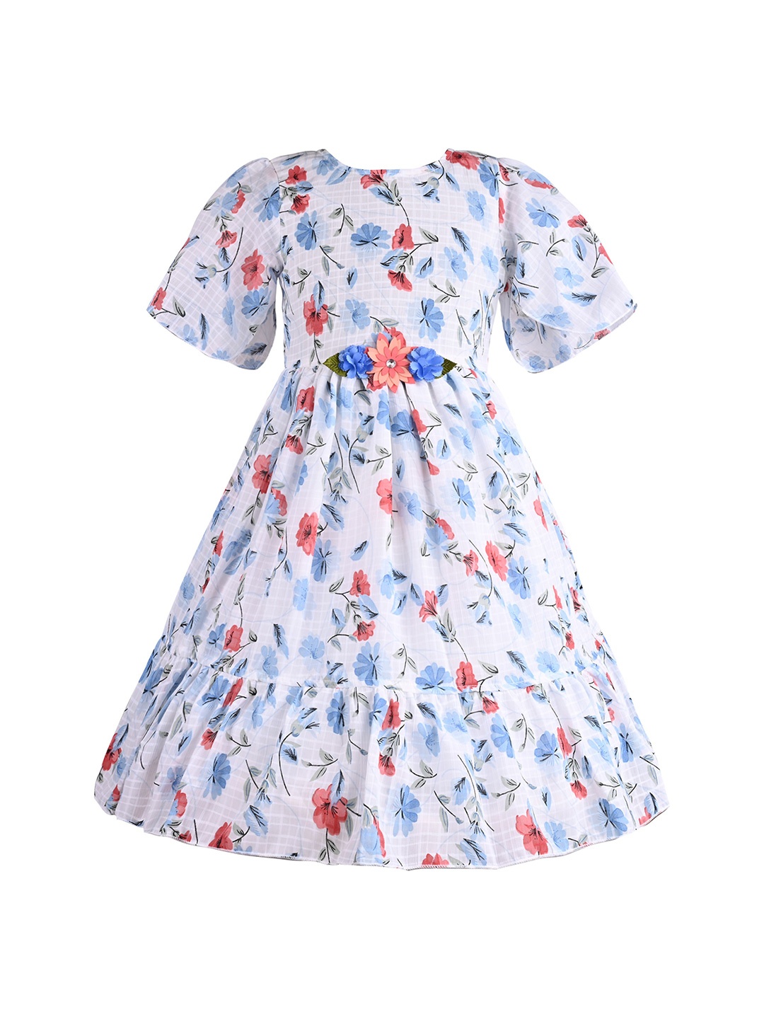 

Wish Karo Girls Floral Printed Puff Sleeve Fit & Flare Dress, White