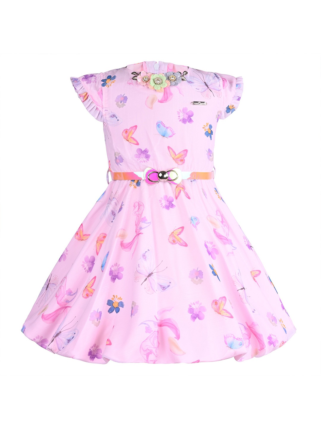 

Wish Karo Girls Floral Print Puff Sleeve Chiffon Fit & Flare Dress, Pink