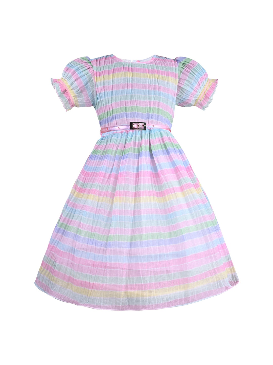 

Wish Karo Girls Striped Puff Sleeve Chiffon Fit & Flare Dress, Pink