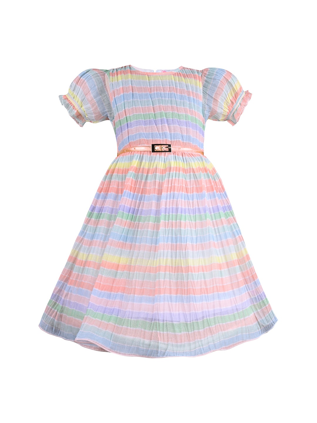 

Wish Karo Girls Striped Puff Sleeves Fit & Flare Cotton Dress, Peach