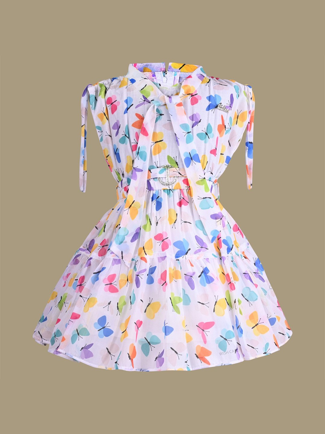

Wish Karo Girls Printed Tie-Up Neck Extended Sleeves Fit & Flare Dress, White