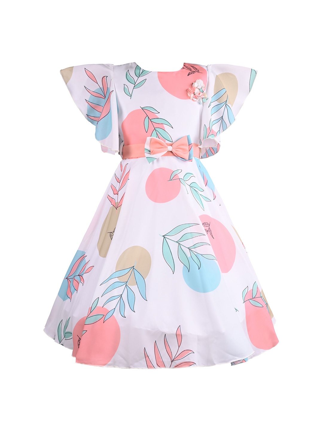 

Wish Karo Girls Tropical Printed Fit & Flare Knee Length Dress, White