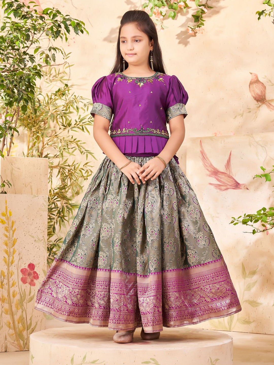 

Sangria Girls Floral Embroidered Lehenga With Choli, Purple