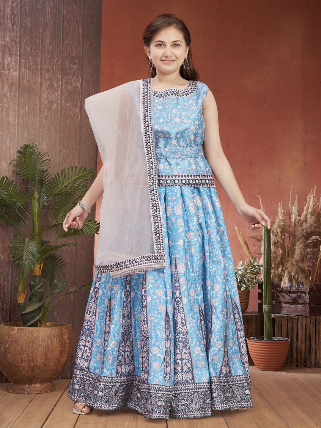 

Sangria Girls Floral Printed Lehenga Choli With Dupatta, Turquoise blue