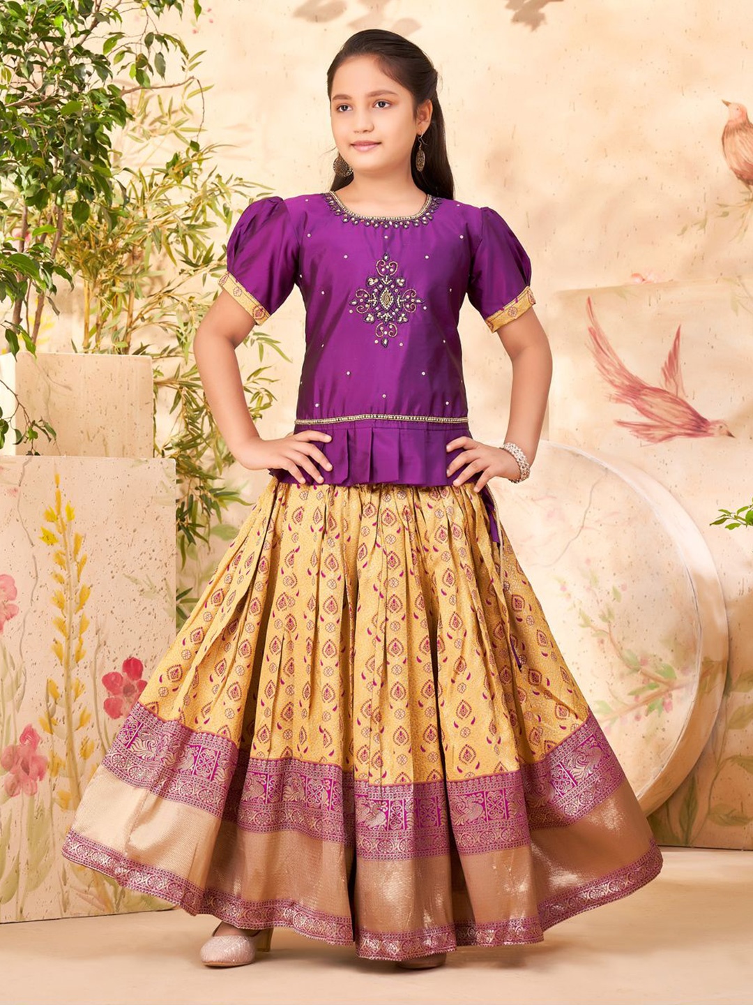 

Sangria Girls Floral Embroidered Round Neck Lehenga Choli, Purple