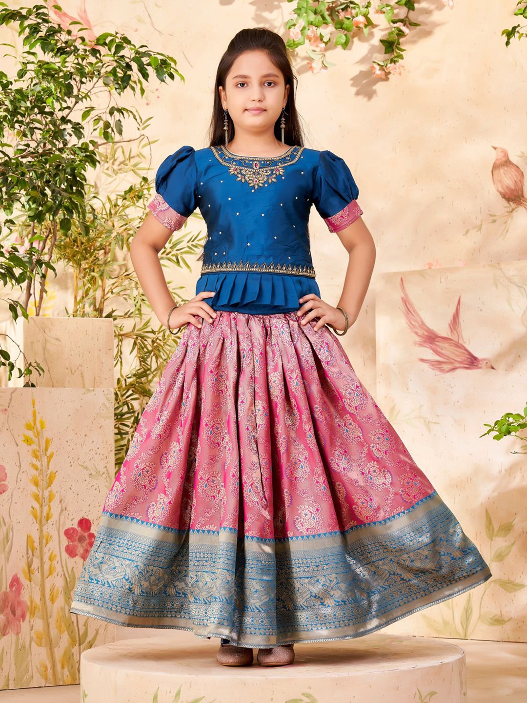 

Sangria Girls Embroidered With Woven Design Lehenga Choli, Blue