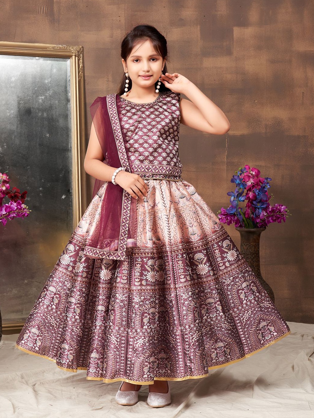 

Sangria Girls Ethnic Motifs Printed Embellished Lehenga With Choli & Dupatta, Brown