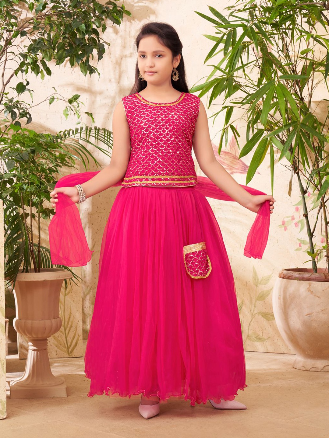 

Sangria Girls Sequinned Embroidered Lehenga Choli With Dupatta & Attached Bag, Pink