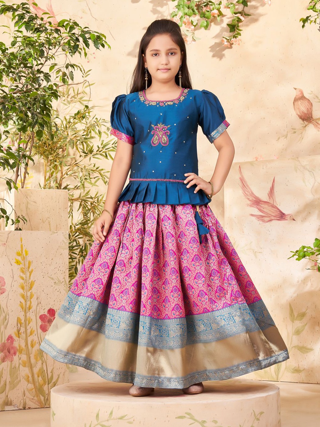 

Sangria Girls Floral Embroidered With Woven Design Lehenga Choli, Blue
