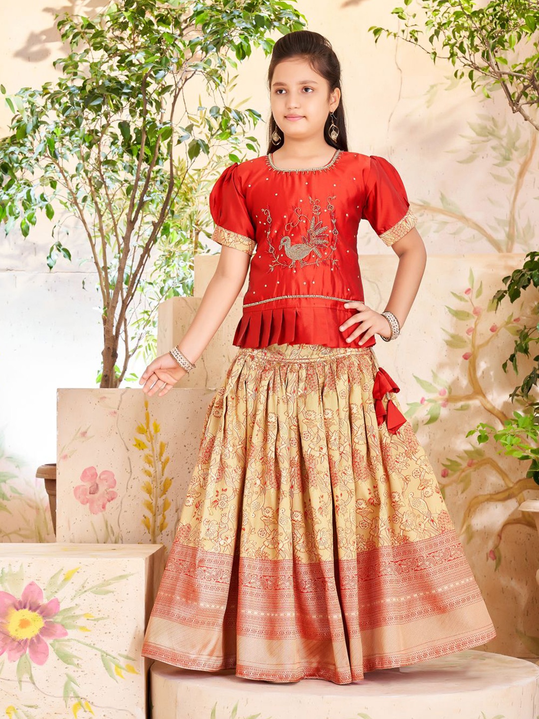 

Sangria Girls Floral Embroidered Beads Lehenga & Choli, Maroon