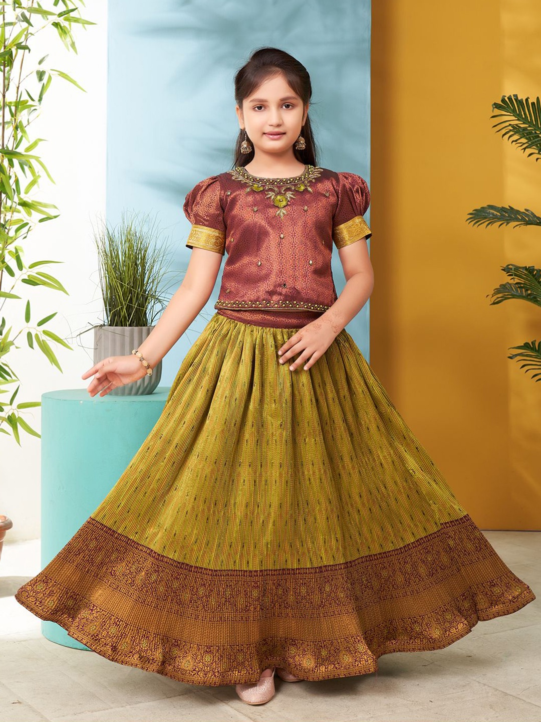 

Sangria Girls Floral Embroidered Lehenga With Blouse, Maroon