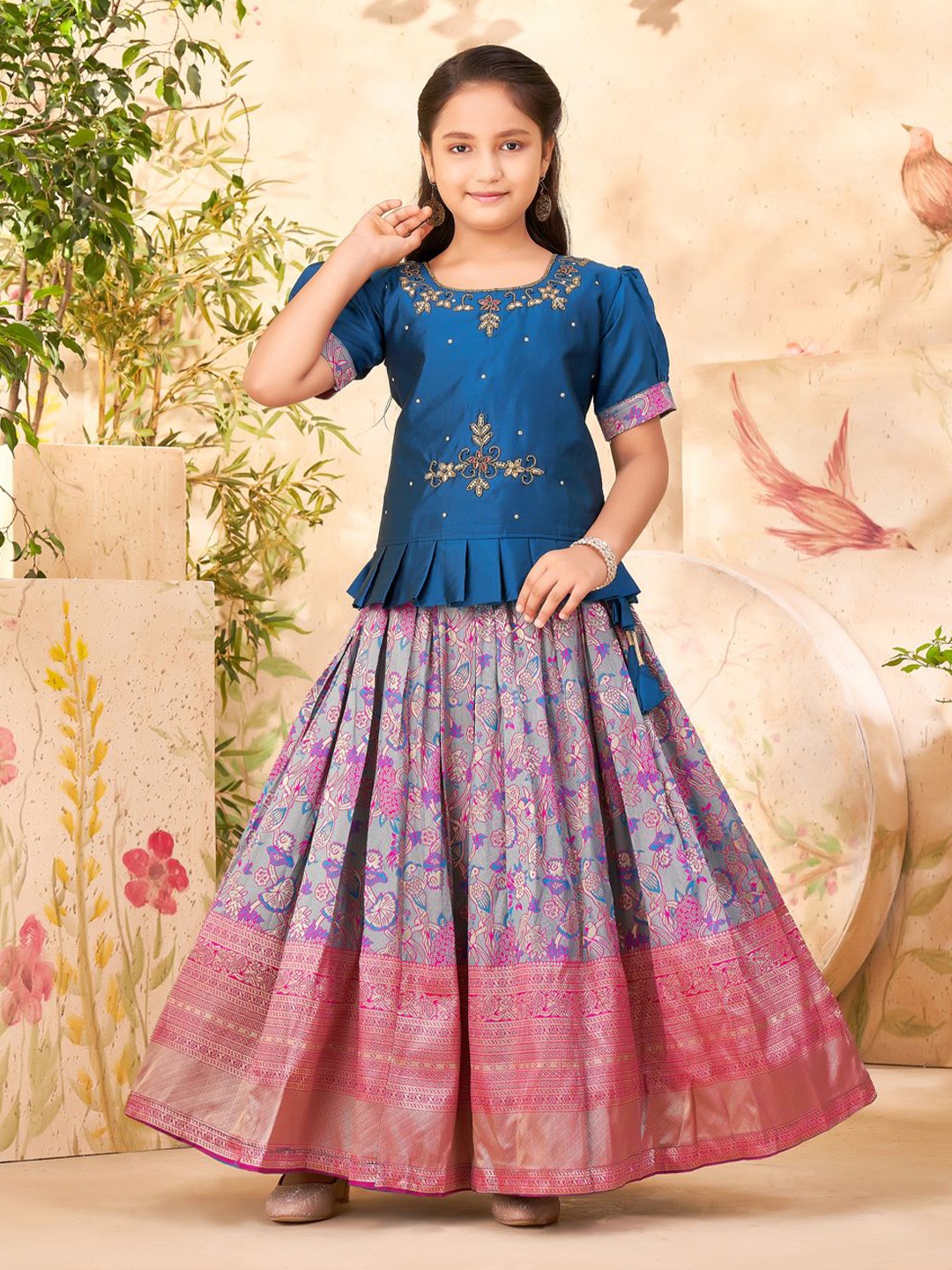 

Sangria Girls Embroidered Beads and Stones Lehenga Choli, Blue