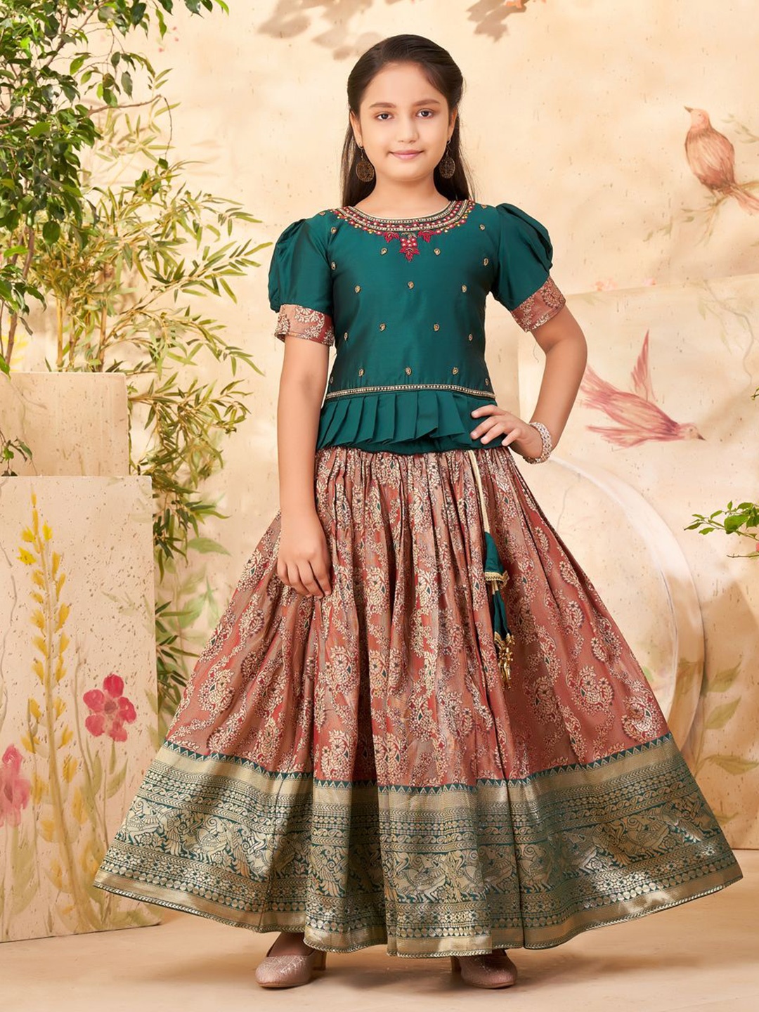 

Sangria Girls Embroidered Ready to Wear Lehenga With Choli, Green