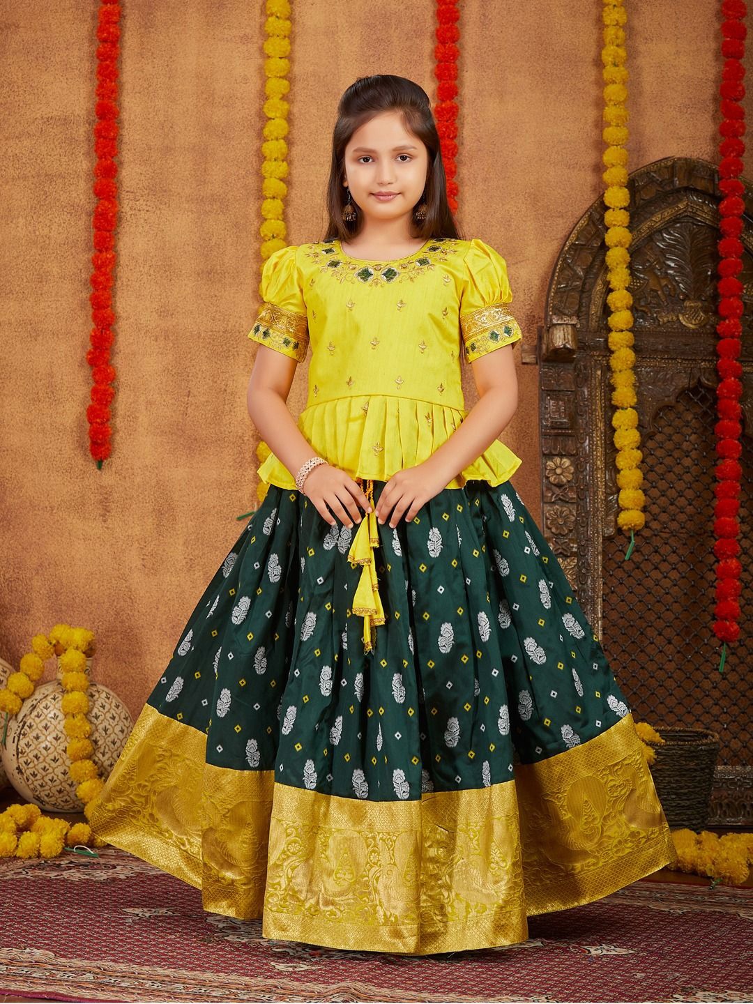 

Sangria Girls Embroidered Ready to Wear Lehenga With Choli, Yellow