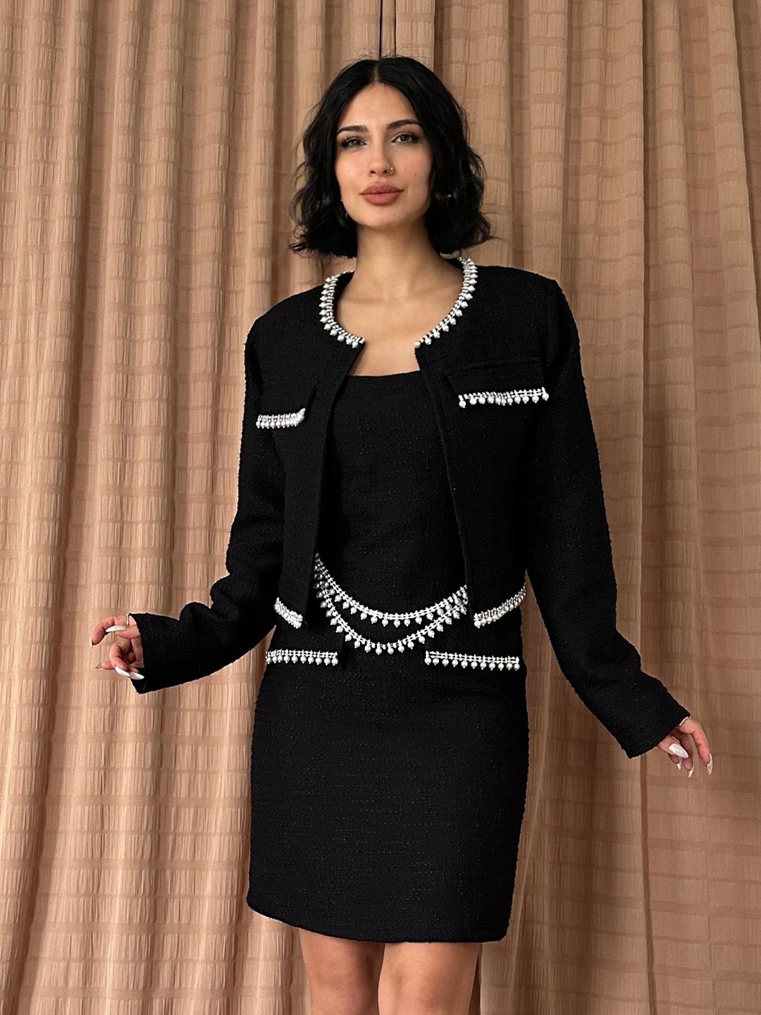 

Fashion Gaiia Bodycon Dress With Pearl Detail Jacket, Black