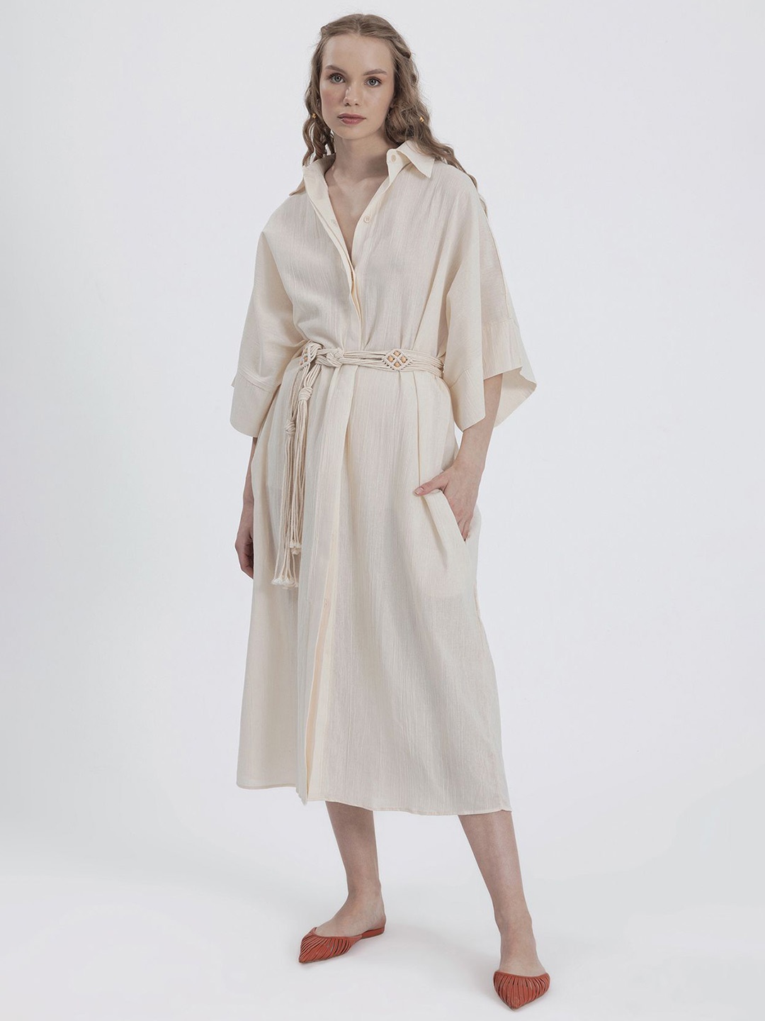 

Fashion Gaiia Women Flared Sleeves A-Line Midi Dress, Beige