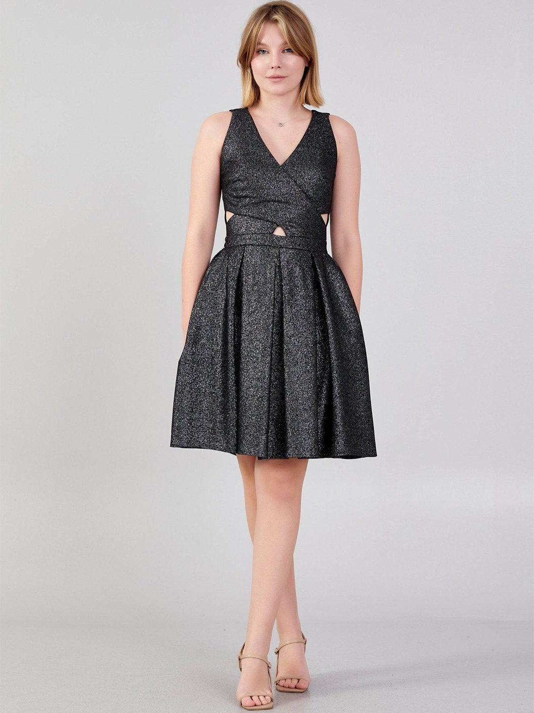 

Fashion Gaiia Women Cotton Shimmer Fit & Flare Dress with Waist Cut-Out Details, Black