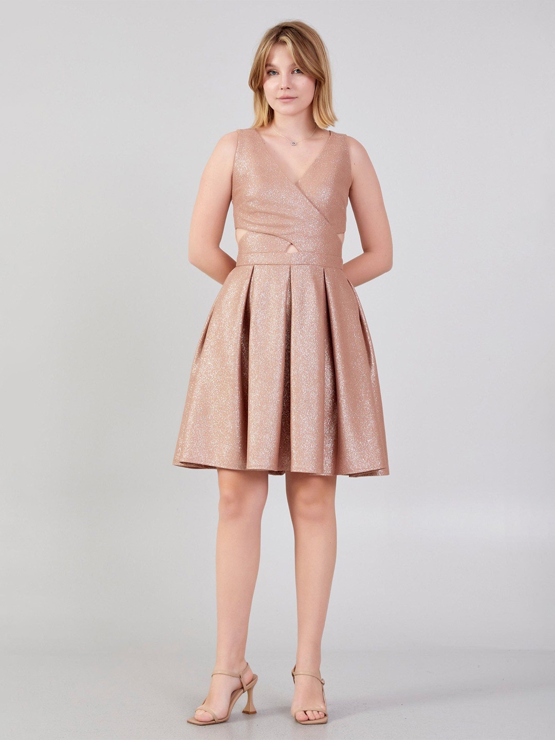 

Fashion Gaiia Shimmer Fit & Flare Cut-Outs Dress, Copper