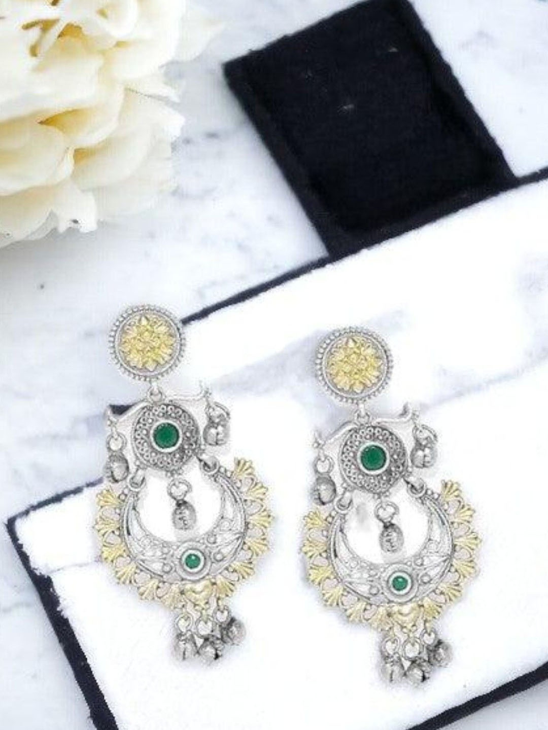 

Sangria German Silver-Plated Emerald Studded Circular Chandbalis