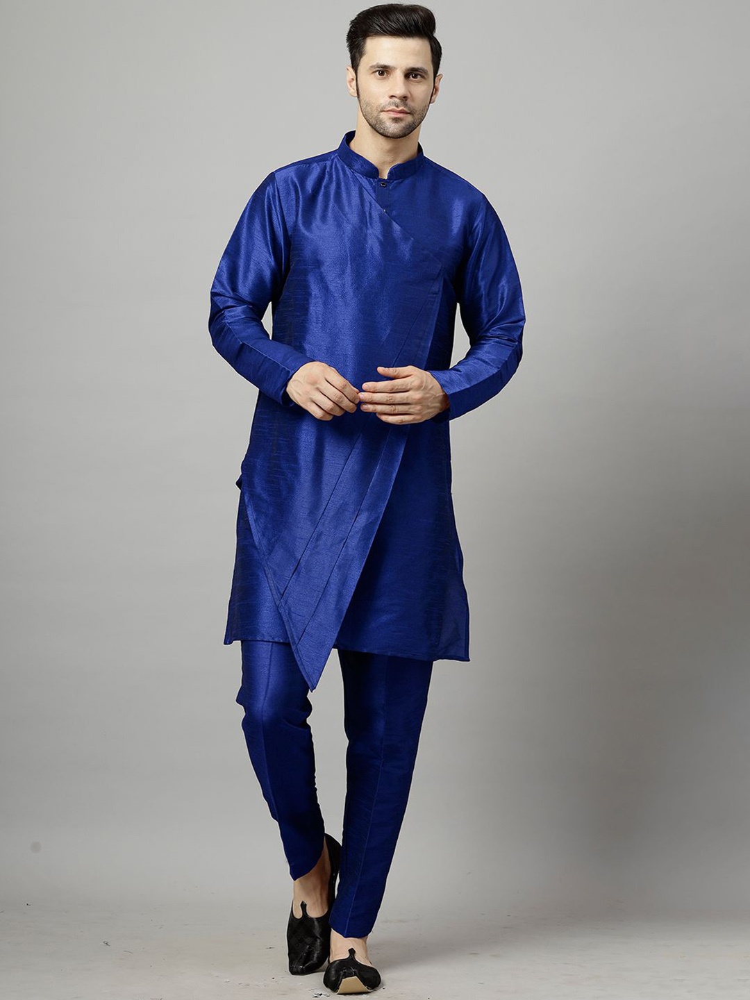 

Utsav Fashion Mandarin Collar Layered Art Silk A-Line Kurta with Pyjamas, Blue