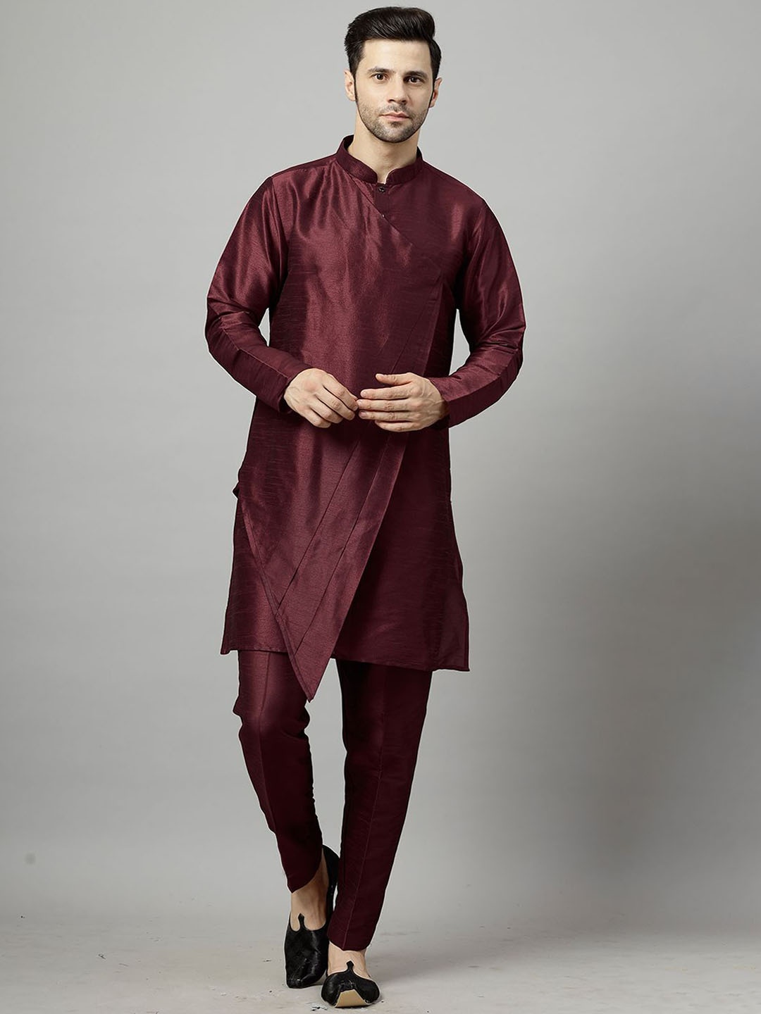 

Utsav Fashion Mandarin Collar Layered Art Silk A-Line Kurta with Pyjamas, Burgundy