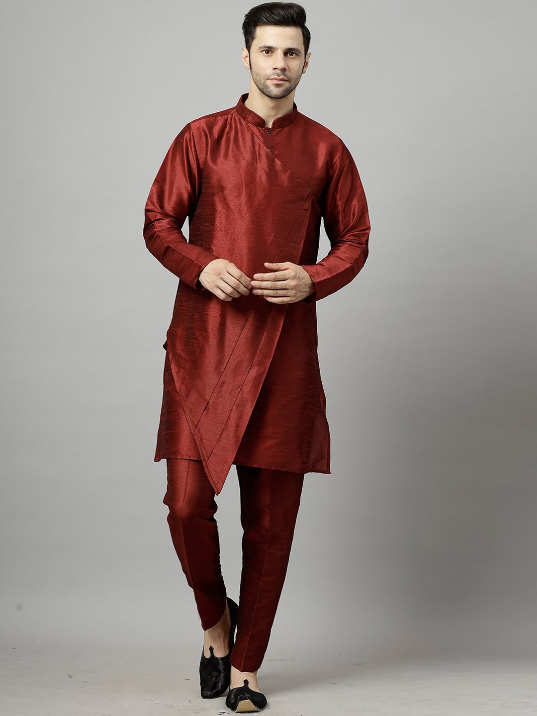 

Utsav Fashion Mandarin Collar Layered Art Silk A-Line Kurta with Pyjamas, Maroon