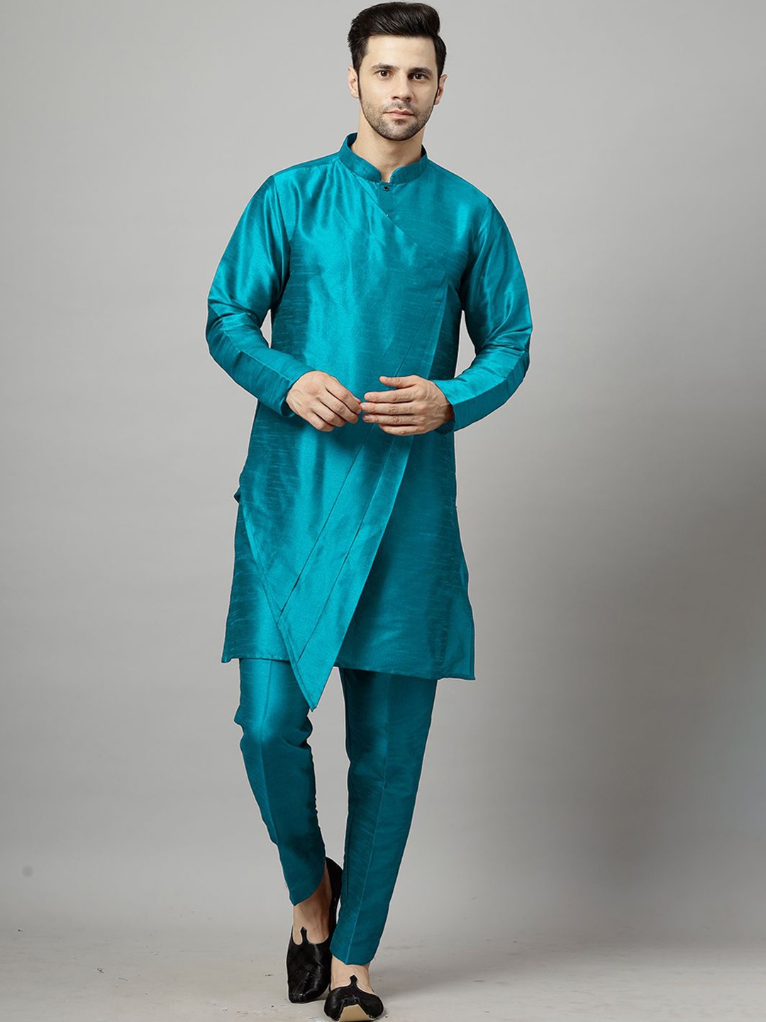 

Utsav Fashion Mandarin Collar Layered Art Silk A-Line Kurta with Pyjamas, Teal