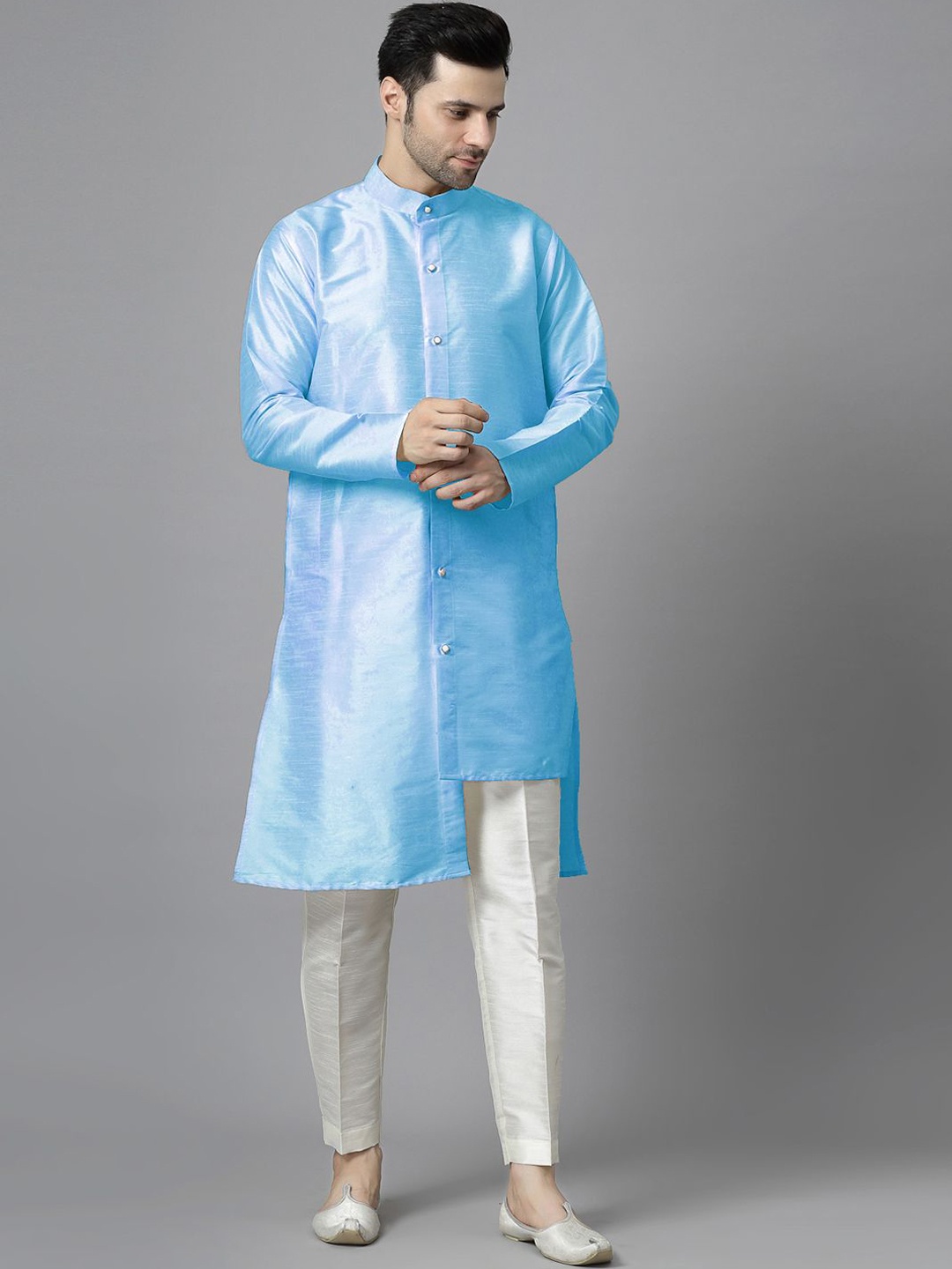 

Utsav Fashion Mandarian Collar Tiered Raw Silk High-Low Kurta with Trousers, Blue