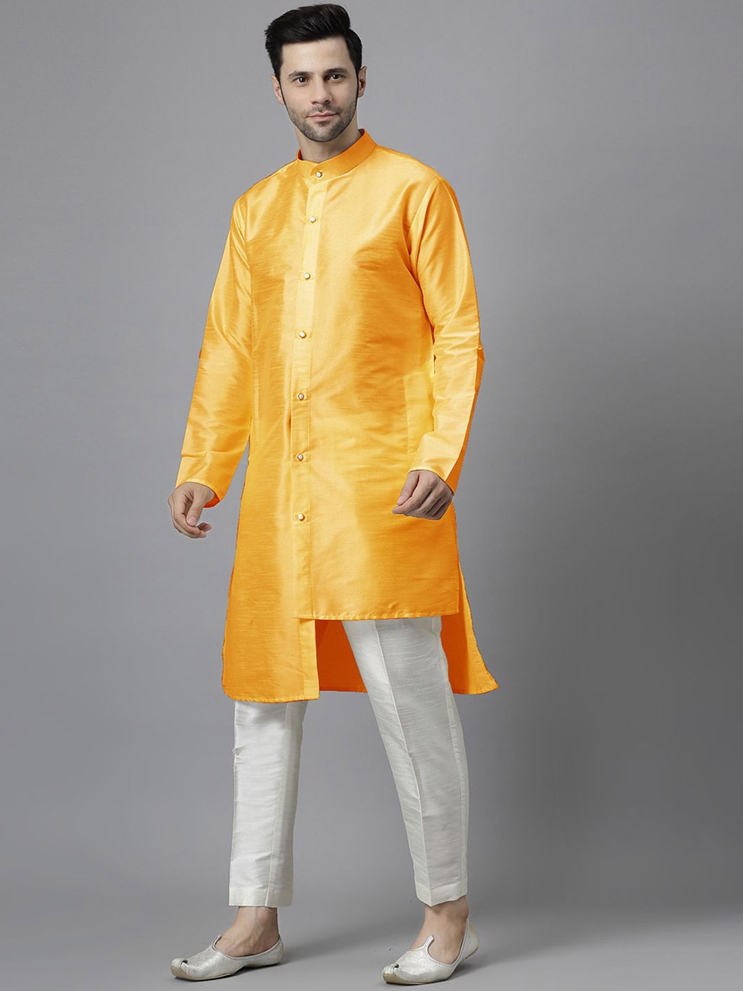 

Utsav Fashion Mandarian Collar Tiered Raw Silk High-Low Kurta with Trousers, Yellow
