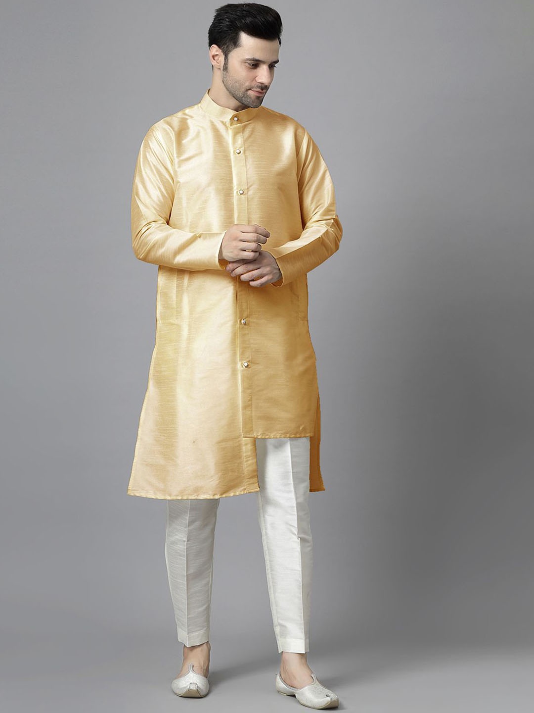 

Utsav Fashion Band Collar Tiered Raw Silk Straight Kurta with Trouser, Cream