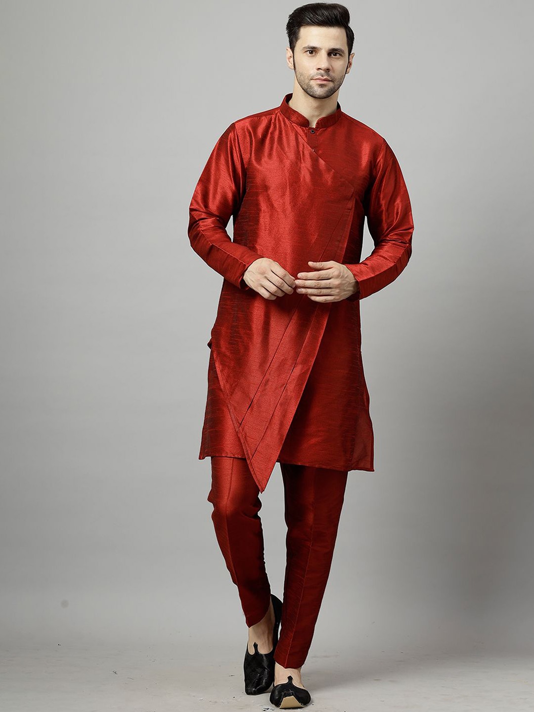 

Utsav Fashion Mandarin Collar Angrakha Kurta With Trousers, Red