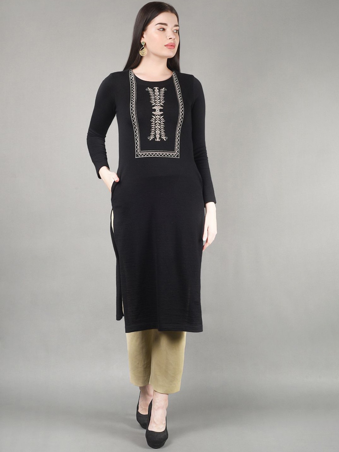 

BARARA ETHNIC Floral Embroidered Thread Work Straight Kurta, Black