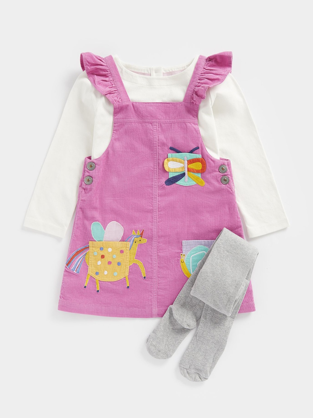 Mothercare Infant Girls Full Sleeves Cotton Dungaree & T-Shirt Set, Pink