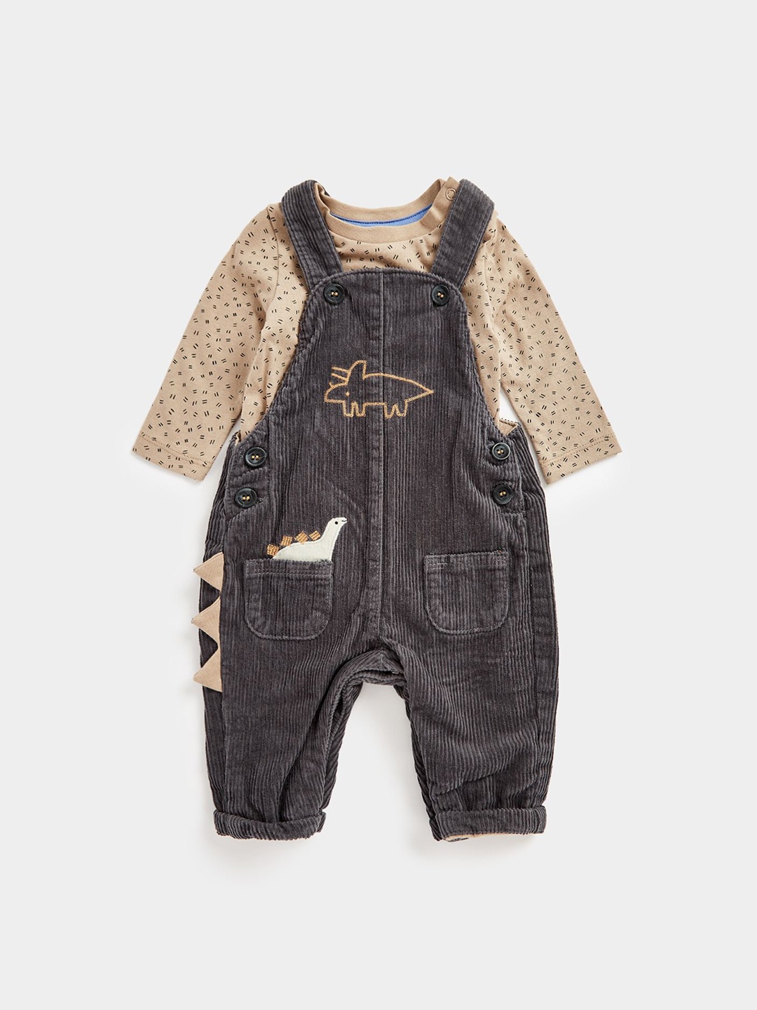 

mothercare Boys Printed Full Sleeves Cotton Dungaree Set, Brown
