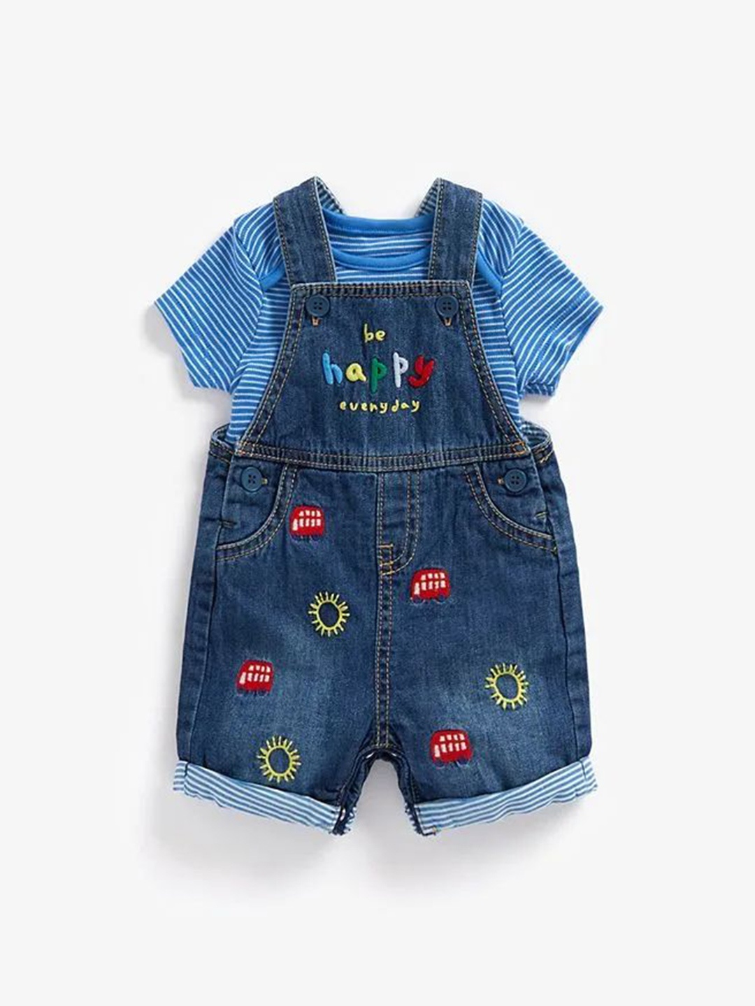 

Mothercare Infant Boys Embroidered Short Sleeves Dungarees With Bodysuit, Blue