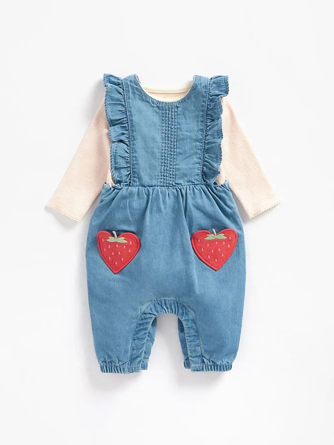 

Mothercare Infant Girls Strawberry Pocket Denim Dungarees With Bodysuit, Blue