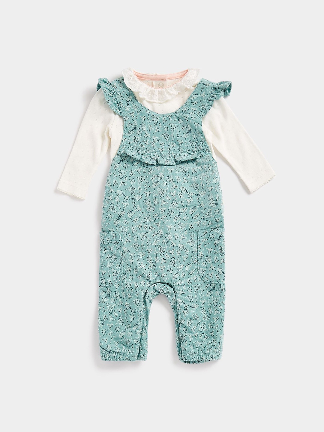 

Mothercare Infant Girls Floral Printed Full Sleeves Cotton Dungarees With Bodysuit, Green