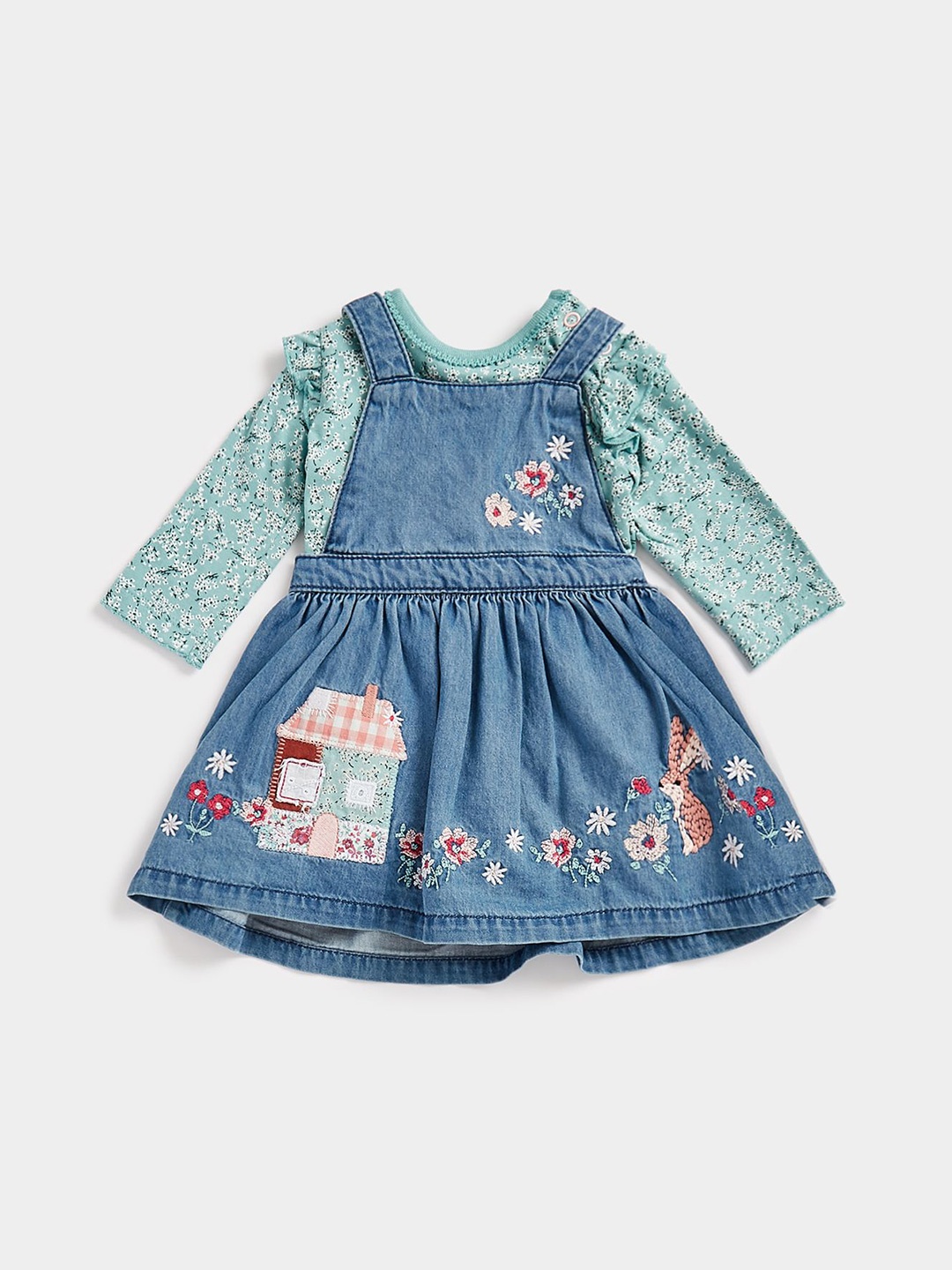 

mothercare Infant Girls Printed Full Sleeves Dungaree Pinafore Dress, Blue