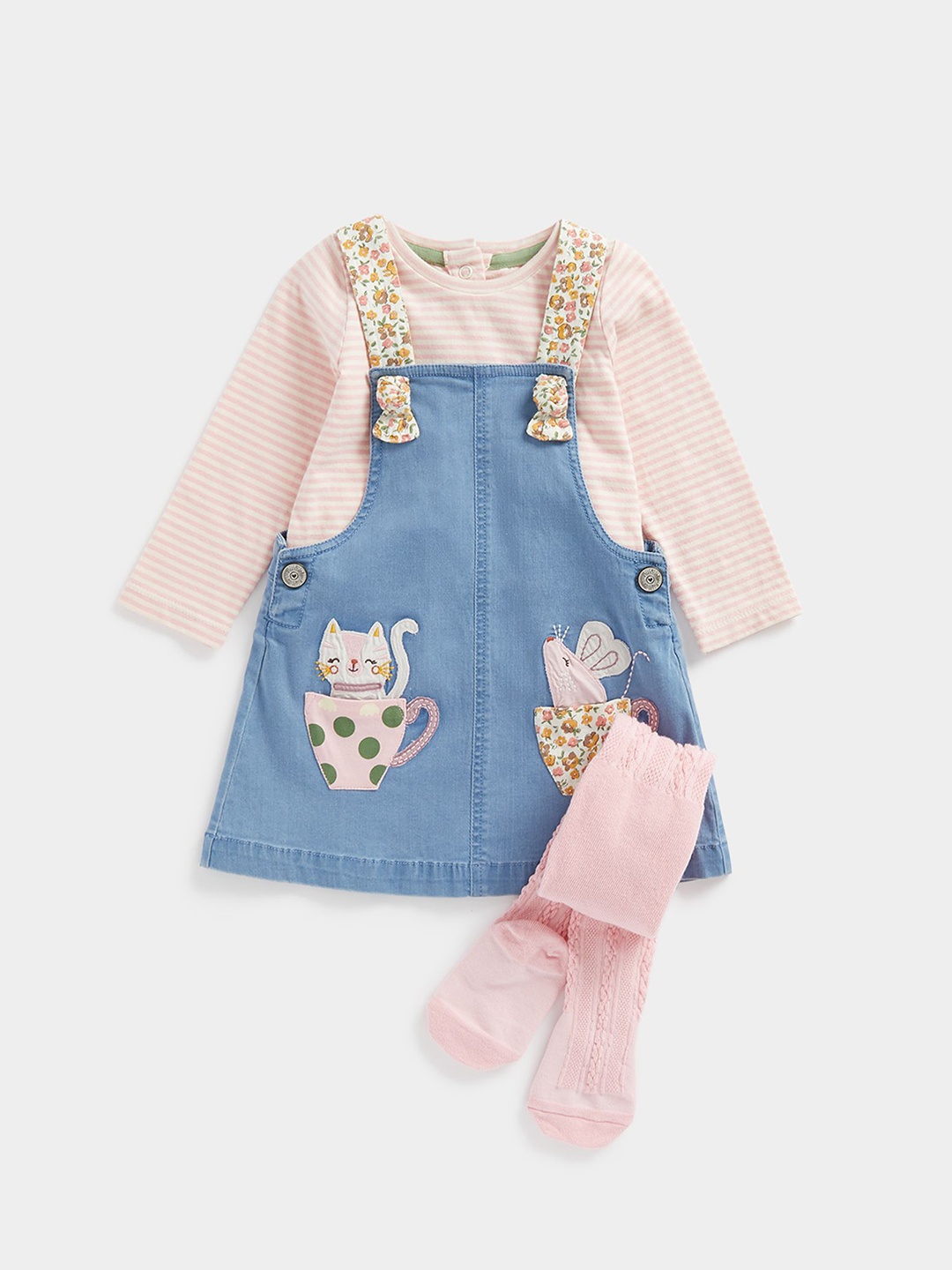 Mothercare Infant Girls Printed Full Sleeves T-Shirt & Dungaree Set, Blue