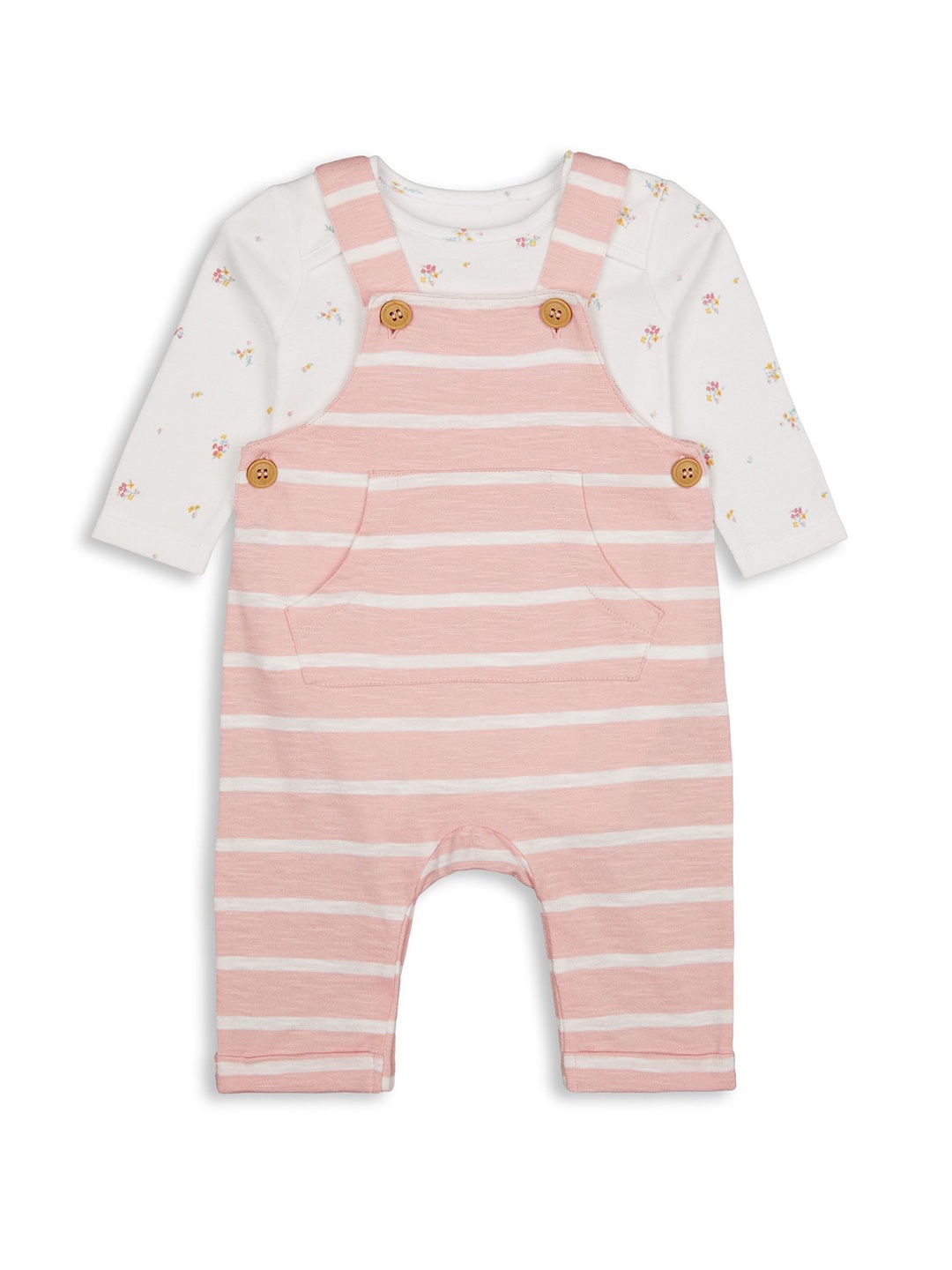 

mothercare Infant Girls Striped Full Sleeves Dungaree Set, Pink