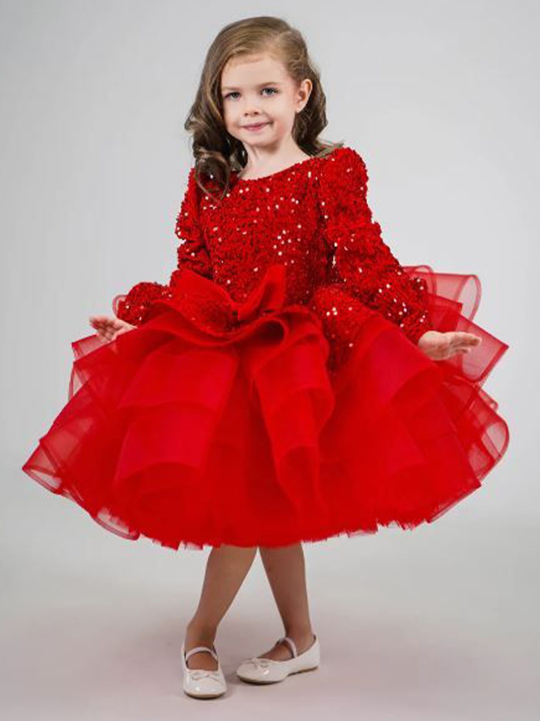 

First Little Smile Girls Embroidered Net Balloon Dress, Red