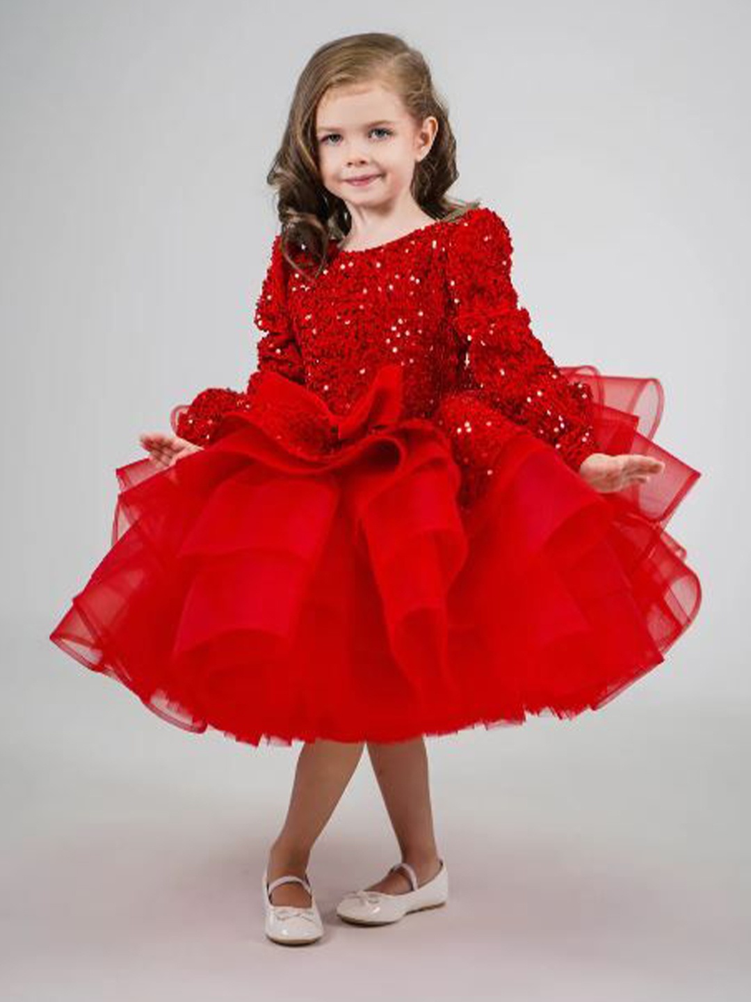 

First Little Smile Girls Embellished Net Fit and Flare Dress, Red