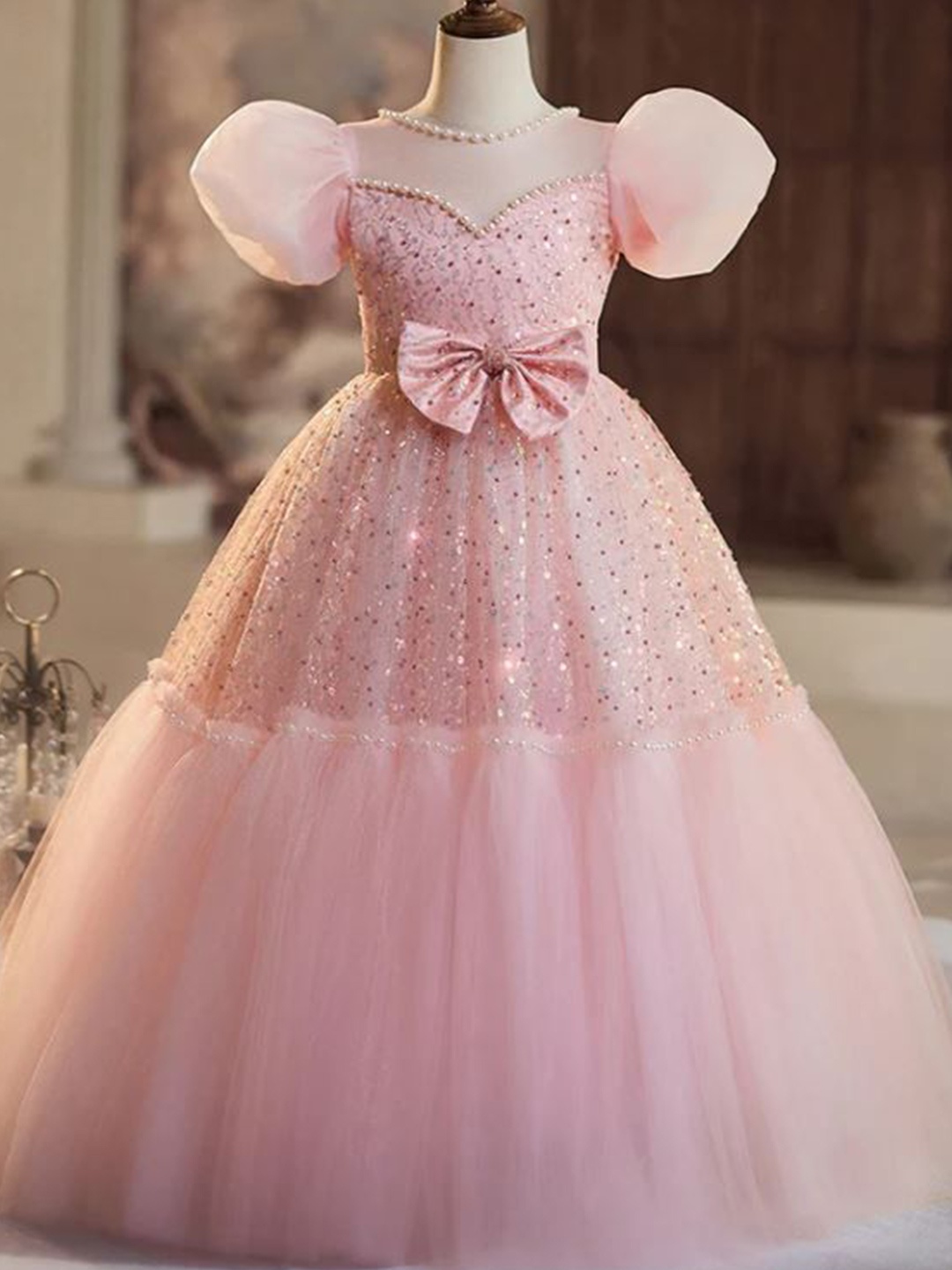 

First Little Smile Girls Embroidered Sequined Gown Dress, Pink