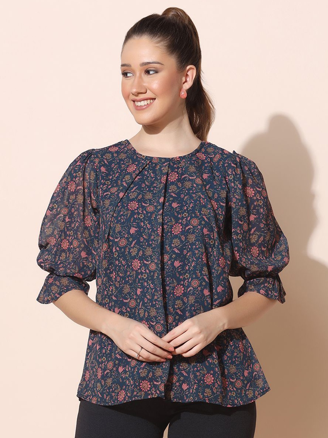 

Moda Rapido Women Floral Printed Puff Sleeve Georgette Top, Navy blue